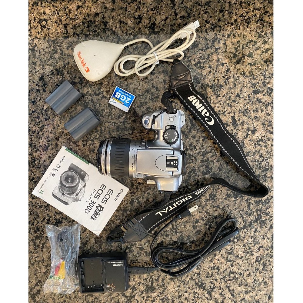 Canon EOS Rebel 300D Digital Camera, SanDisk, Battery Charger, 2 Batteries, etc.